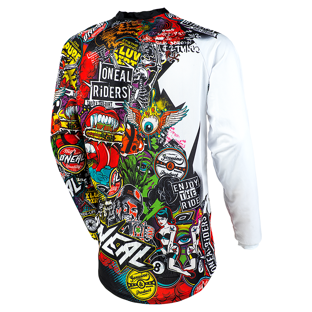 Das O'NEAL MAYHEM Jersey CRANK ist ein leistungsstarkes Langarmtrikot mit weißem rechtem Ärmel und bunten Grafikaufnähern. Es bietet auffälligen Stil und höchste Funktionalität für Fahrer, die auf jeder Fahrt auffallen wollen.