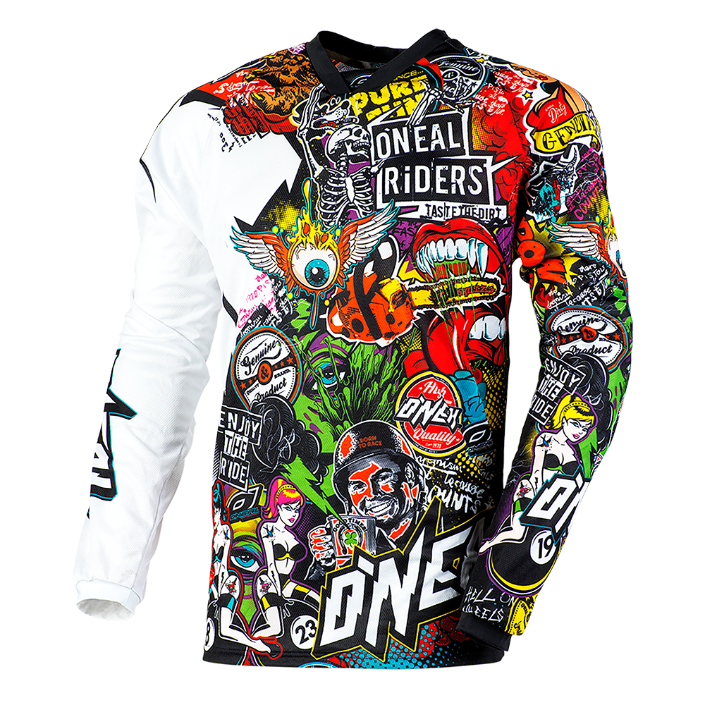 Das O'NEAL MAYHEM Trikot CRANK bietet lebendige, vom Punk inspirierte Grafiken mit Totenköpfen, Augen und fetten "ONEAL RIDERS"- und "ONE"-Logos. Die kontrastierenden schwarzen und weißen Ärmel sorgen für auffälligen Style und die hohe Qualität von O'NEAL.