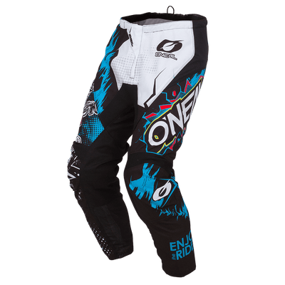Die O'NEAL ELEMENT Hose Kinder VILLAIN ist eine schwarze Jugend-Motocross-Hose mit weißer, blauer und blaugrüner Grafik, die das O'NEAL-Logo und den Schriftzug "Enjoy the Ride" auf dem Unterschenkel zeigt - ideal für junge Fahrer.