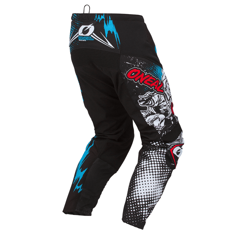 Die O'NEAL ELEMENT Hose Kinder VILLAIN zeichnet sich durch auffällige blaue, weiße und rote Grafiken mit "ONEAL"-Branding und Cartoon-Stil-Designs aus. Diese Jugend-Motocross-Hose bietet Netzeinsätze und verstärkte Abschnitte für zusätzliche Haltbarkeit.