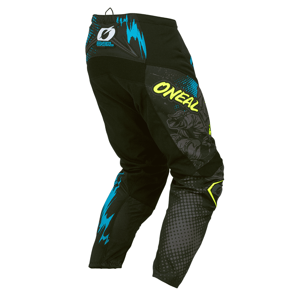 Die O'NEAL ELEMENT Hose VILLAIN hat schwarze, blaue und gelbe Grafiken mit blauen Blitzen und einer Löwengrafik. Perfekt für Motorsportfans, die Komfort und Schutz suchen. Wird auf einem einfarbigen Hintergrund angezeigt.