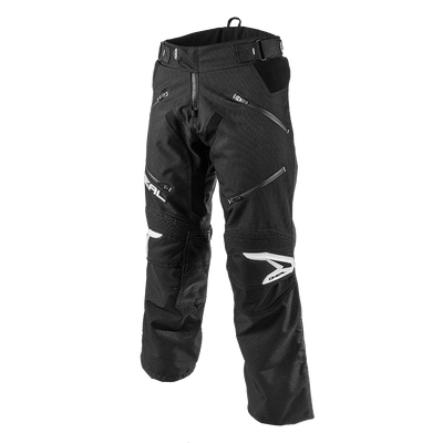 Die O'NEAL BAJA Hose von O'NEAL verfügt über verstärkte Knie, Reißverschlusstaschen und Logodetails am Oberschenkel, die Innovation und Qualität in einem schwarz-weißen Design auf weißem Hintergrund unterstreichen.