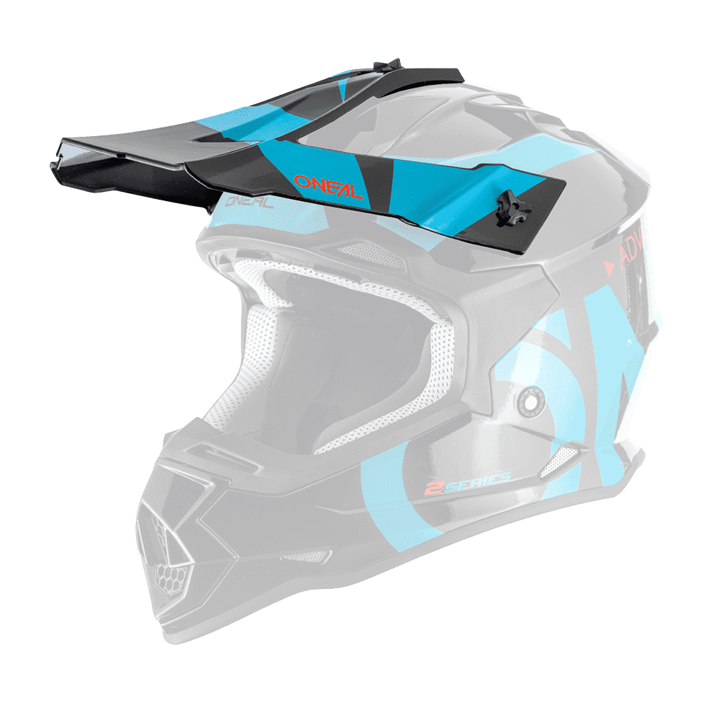 Der O'NEAL Visor 2SRS Helmet SLICK ist ein schwarzer Motocross-Helm mit blauen und grauen geometrischen Akzenten, einem Visier, Belüftungsöffnungen, O'NEAL-Branding und einem "2 Series"-Label an der Seite.