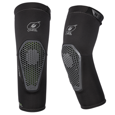 Die O'NEAL FLOW Ellbogenschützer sind schwarze Ellbogenschützer mit Wabenmuster und sichtbarem Branding. Sie bieten leichten Bike-Schutz und Sicherheit beim Sport oder Biken.