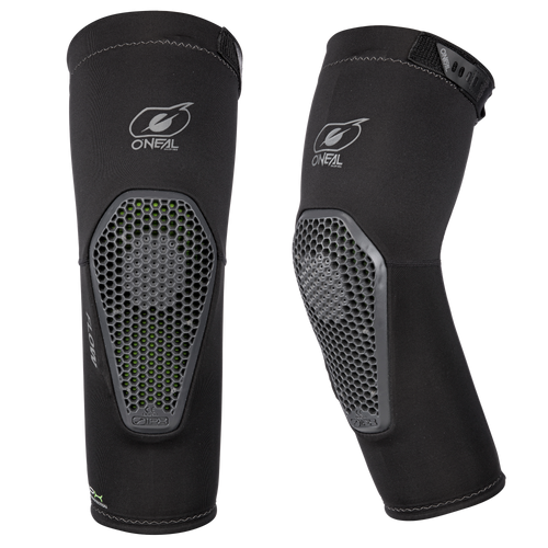 Die O'NEAL FLOW Ellbogenschützer sind schwarze Ellbogenschützer mit Wabenmuster und sichtbarem Branding. Sie bieten leichten Bike-Schutz und Sicherheit beim Sport oder Biken.