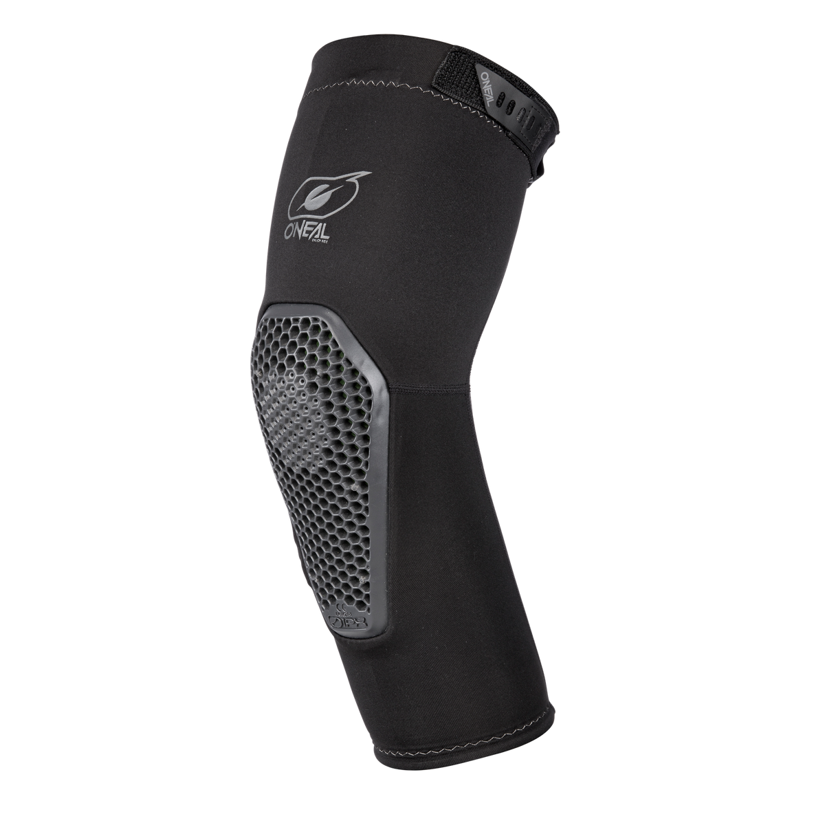 Der O'NEAL FLOW Ellbogenschützer ist ein schwarzer Ellbogenschützer mit wabenförmigem Schutzpolster aus flexiblem Material und ideal für Sport oder Radfahren. Verfügt über das O'NEAL-Logo in der Nähe der Oberseite.