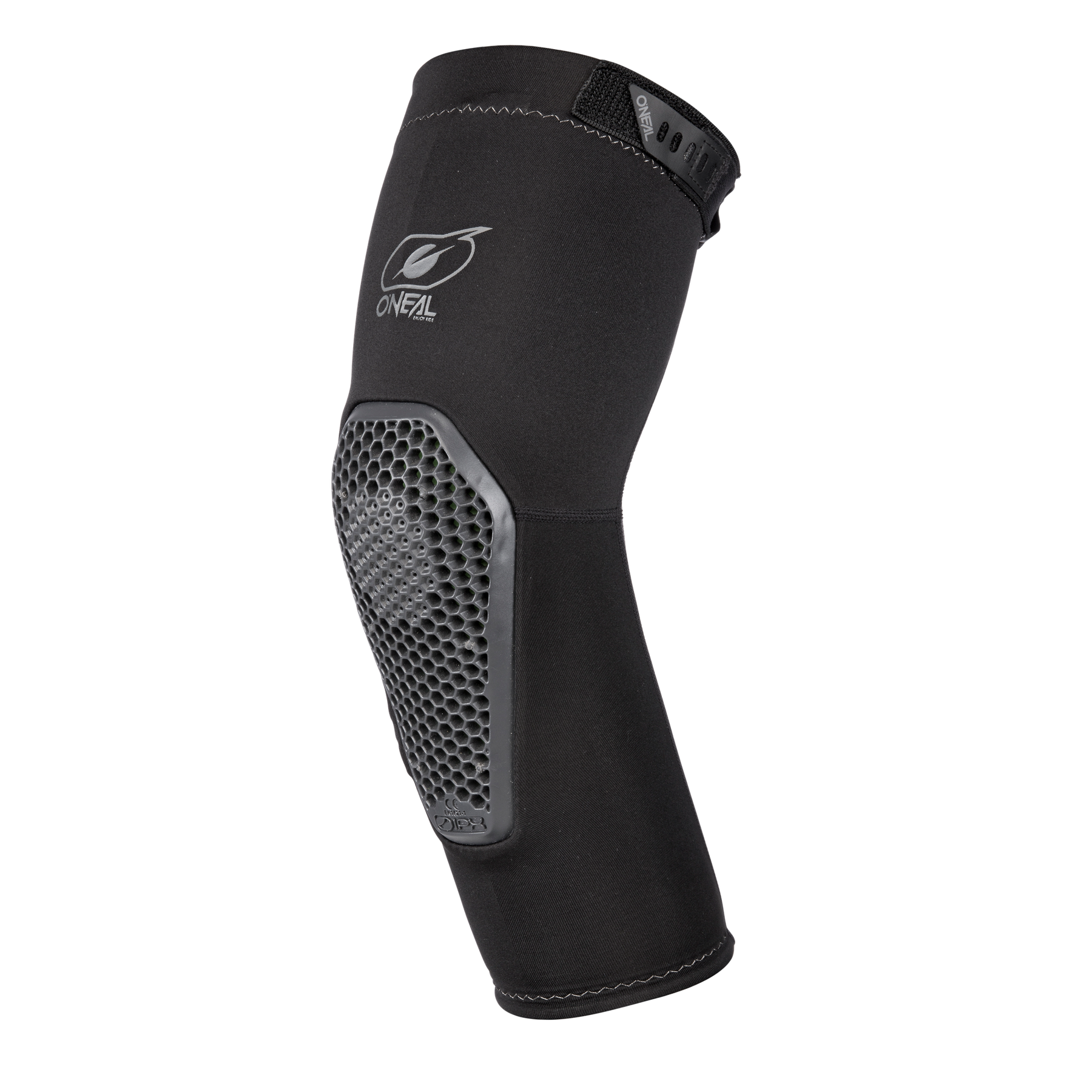 Der O'NEAL FLOW Ellbogenschützer ist ein schwarzer Ellbogenschützer mit wabenförmigem Schutzpolster aus flexiblem Material und ideal für Sport oder Radfahren. Verfügt über das O'NEAL-Logo in der Nähe der Oberseite.