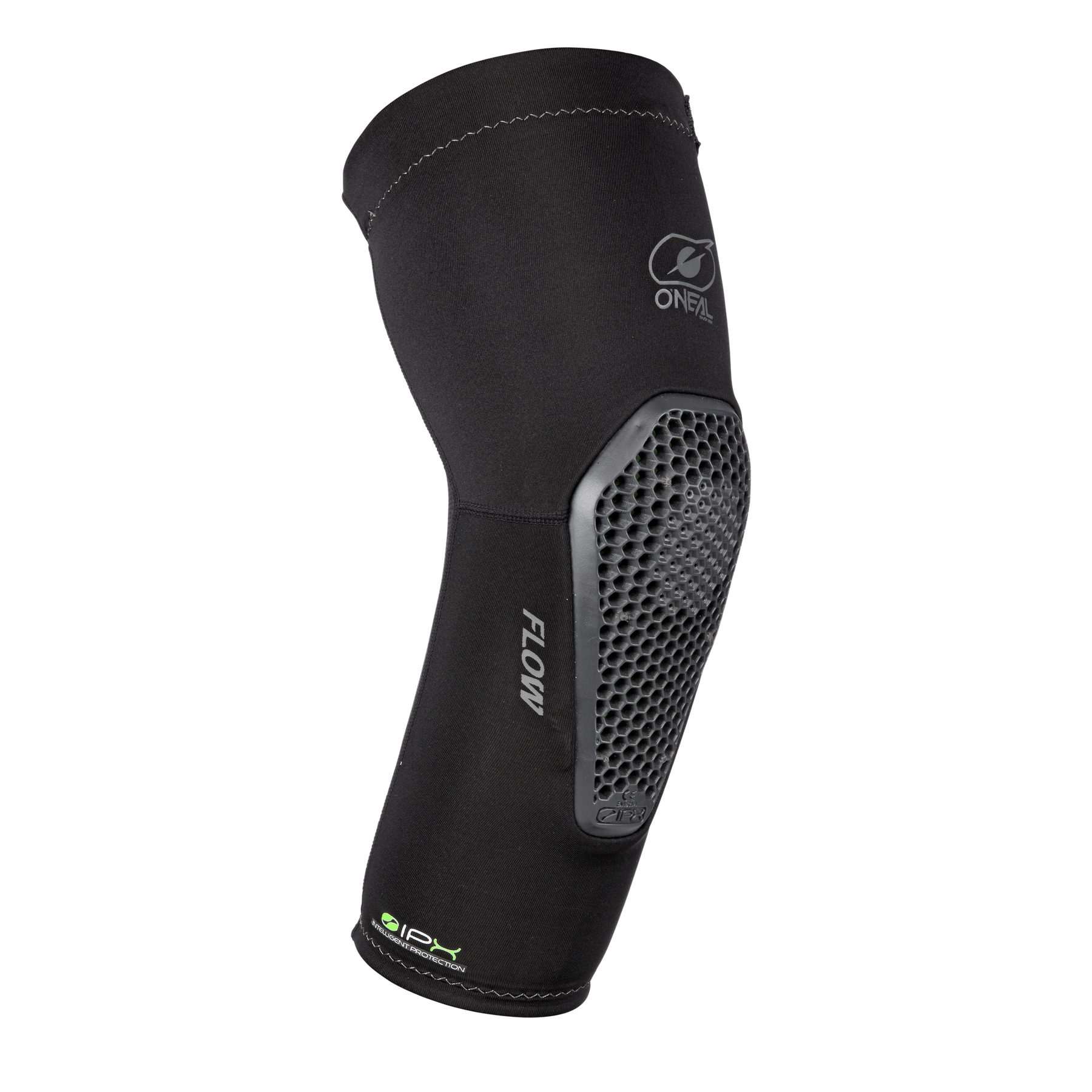 Der O'NEAL FLOW Ellbogenschützer ist ein schwarzer, leichter Ellbogenschützer mit einem wabenförmigen Polster und dem Schriftzug FLOW" an der Seite, ideal zum Radfahren oder für den Sport.