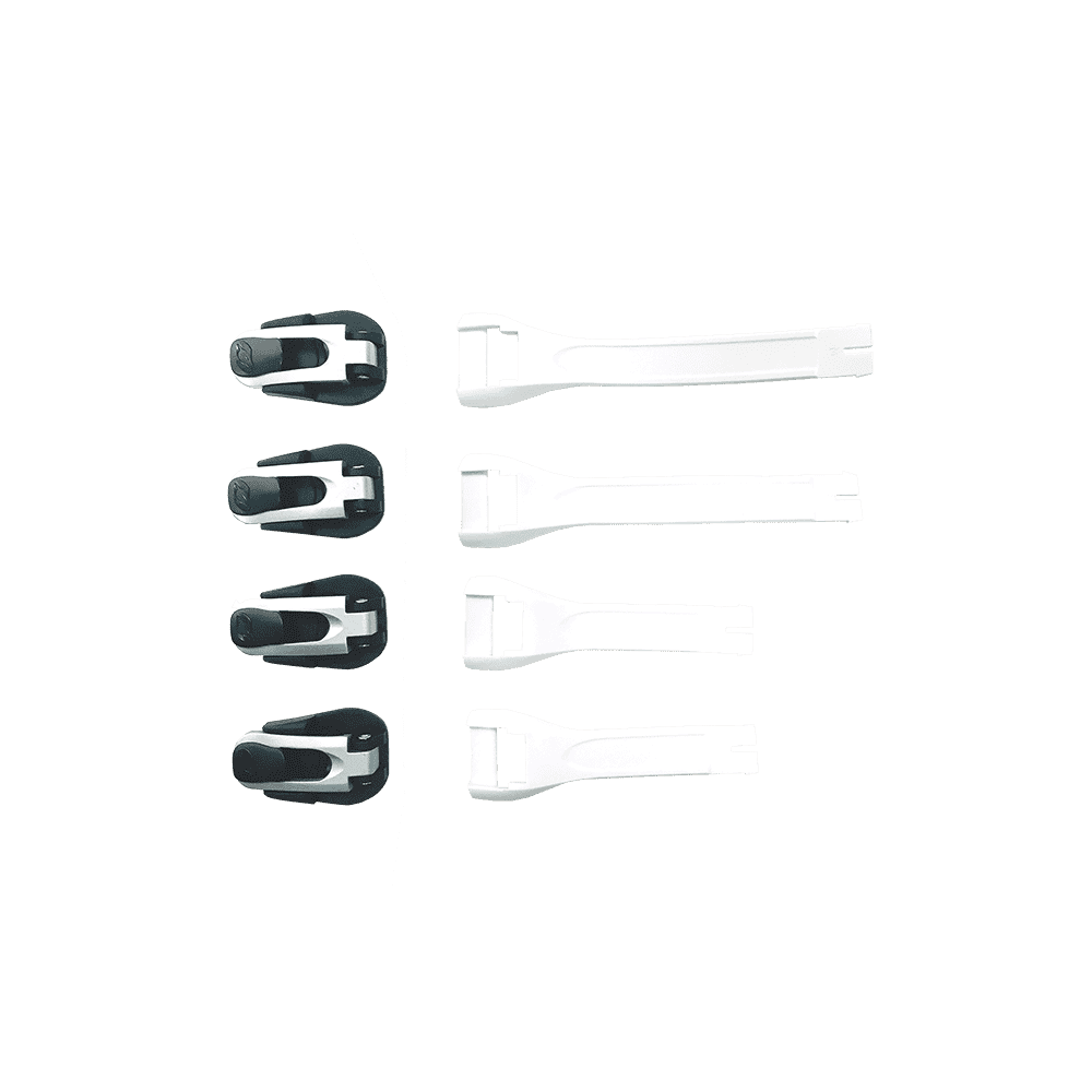 Das O'NEAL RMX Boot - Full Buckle/Strap Kit von O'NEAL ist auf einem weißen Hintergrund abgebildet und zeigt sechs weiße Schnallen und vier schwarze Verschlussriemen, die ordentlich angeordnet und von oben betrachtet werden.