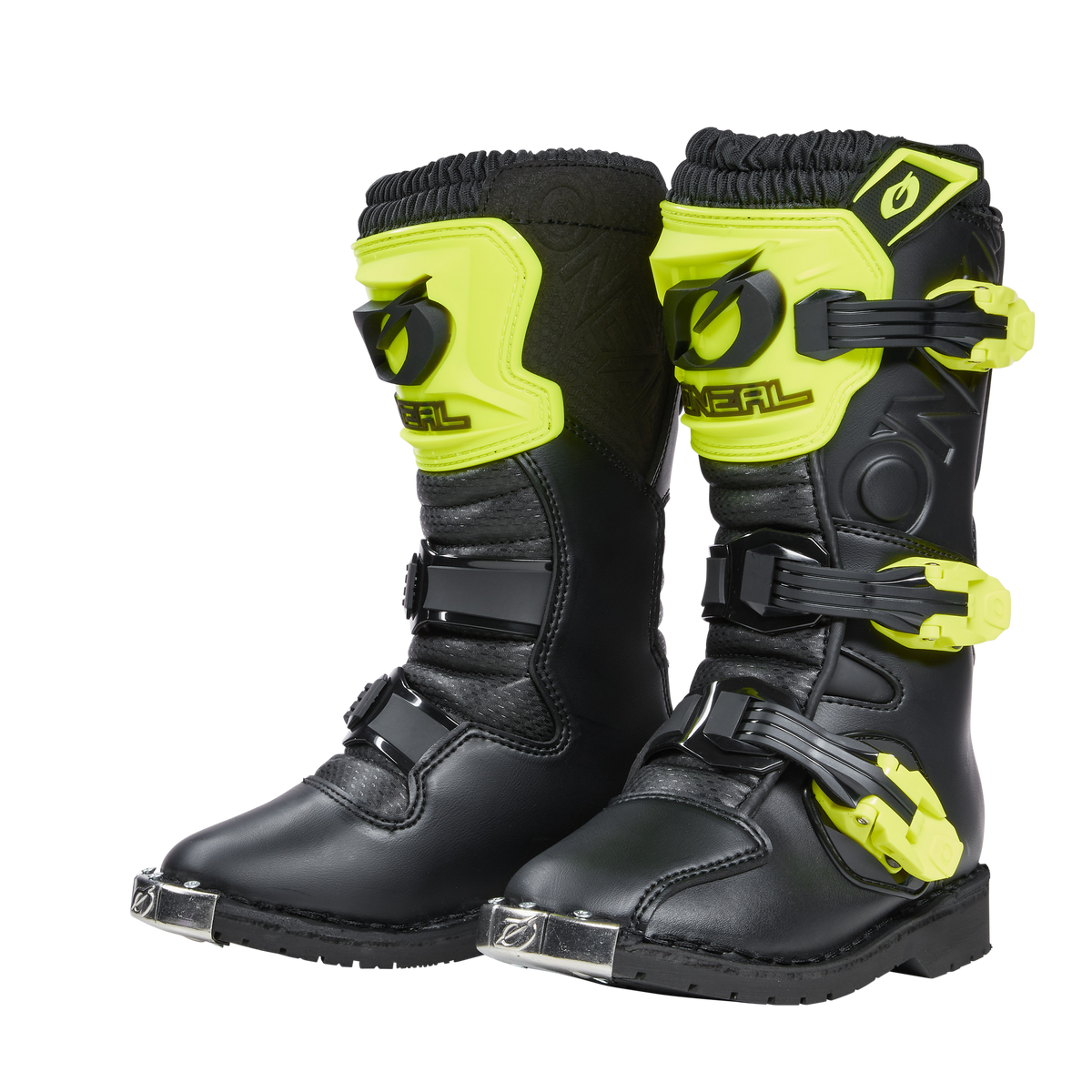 Die O'NEAL RIDER PRO Stiefel Kinder sind schwarze Offroad-Stiefel mit neongelben Akzenten und Schnallen, die mit dem O'NEAL-Logo auf der Vorderseite und an der Seite versehen sind. Sie wurden entwickelt, um jungen Fahrern optimalen Schutz zu bieten.