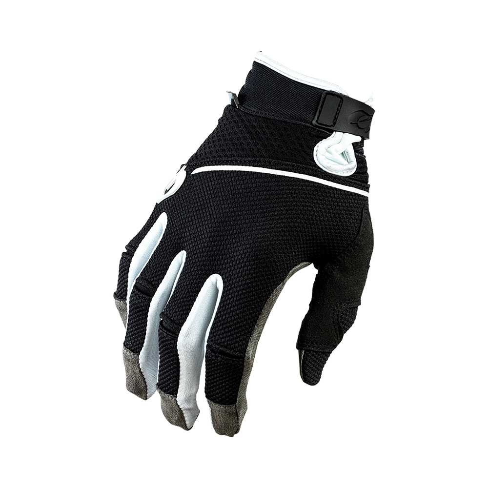 Der O'NEAL REVOLUTION Nanofront Handschuh ist ein schwarz-weißer Fahrradhandschuh mit atmungsaktivem Mesh und verstärkten grauen Fingerspitzen, ideal für MTB, auf weißem Hintergrund.