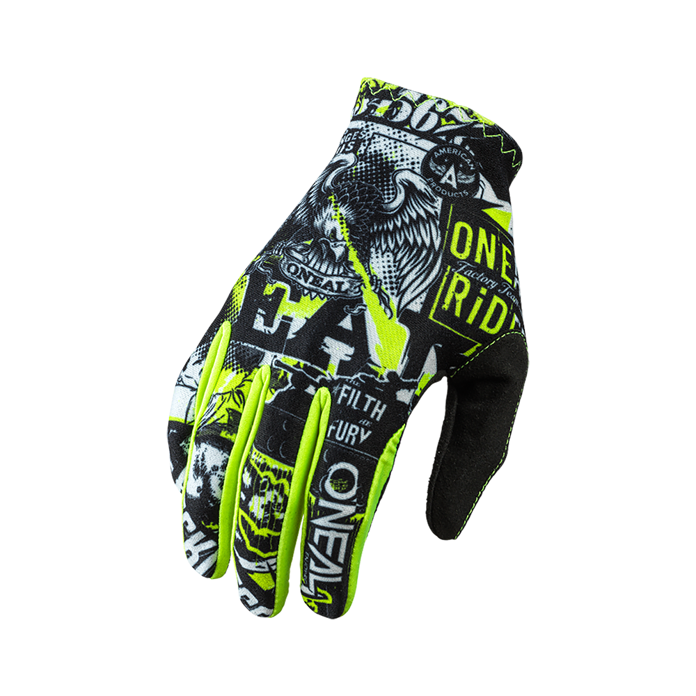 Der O'NEAL MATRIX Handschuh Kinder ATTACK ist ein schwarzer Kinderhandschuh mit neongelben Akzenten und dynamischen Motiven, darunter ein Adler und die Worte "ONE", "FILTH" und "FURY" - die ideale Motorsport-Ausrüstung von O'NEAL.