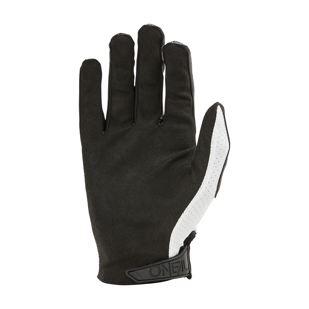 Der O'NEAL MATRIX Glove ROLLER ist ein schwarzer Handschuh mit einem weißen Streifen auf der Handfläche und einem Klettverschluss am Handgelenk mit der Aufschrift "O'NEAL", der mit der Handfläche nach unten gezeigt wird.