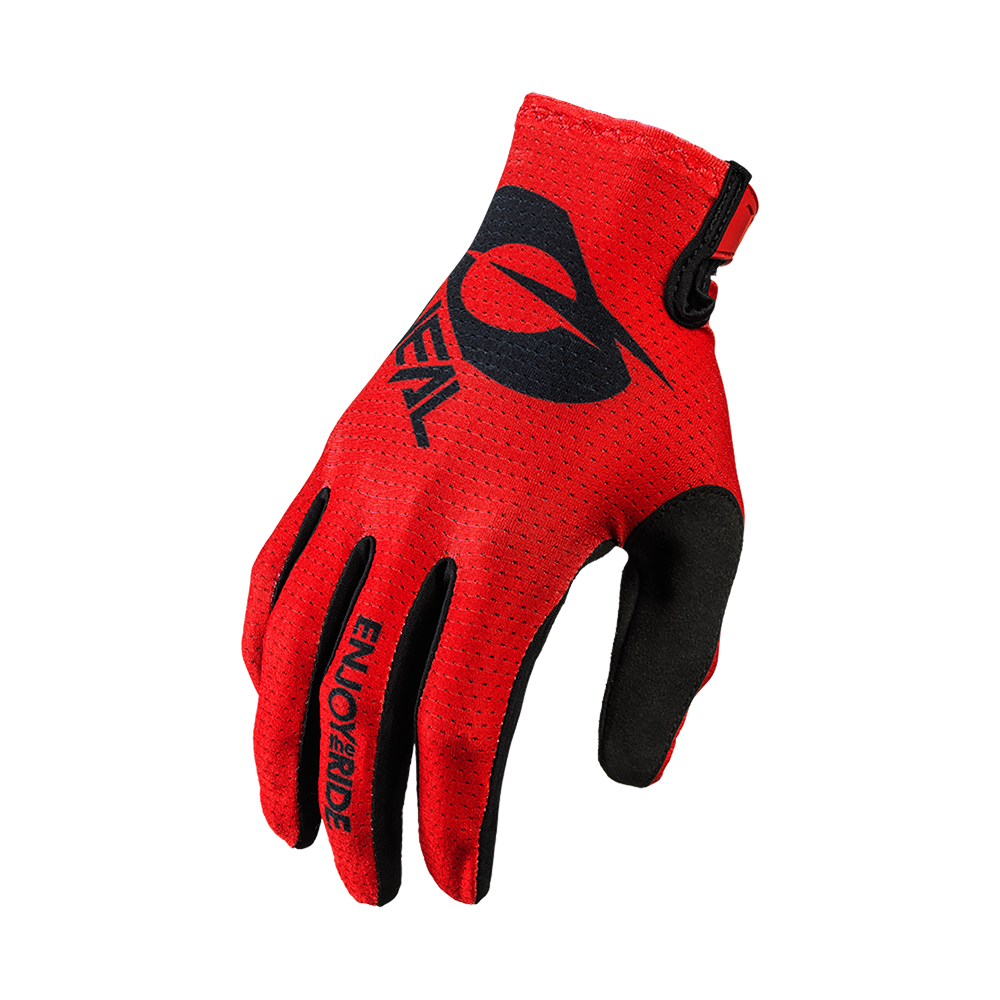 Der O'NEAL MATRIX Handschuh STACKED ist ein roter Vollfinger-Radhandschuh mit schwarzen Akzenten und einer schwarzen Handfläche, die das O'NEAL-Logo und "ENJOY THE RIDE" auf dem Zeigefinger trägt. Ideal für Motocross oder Mountainbiking.