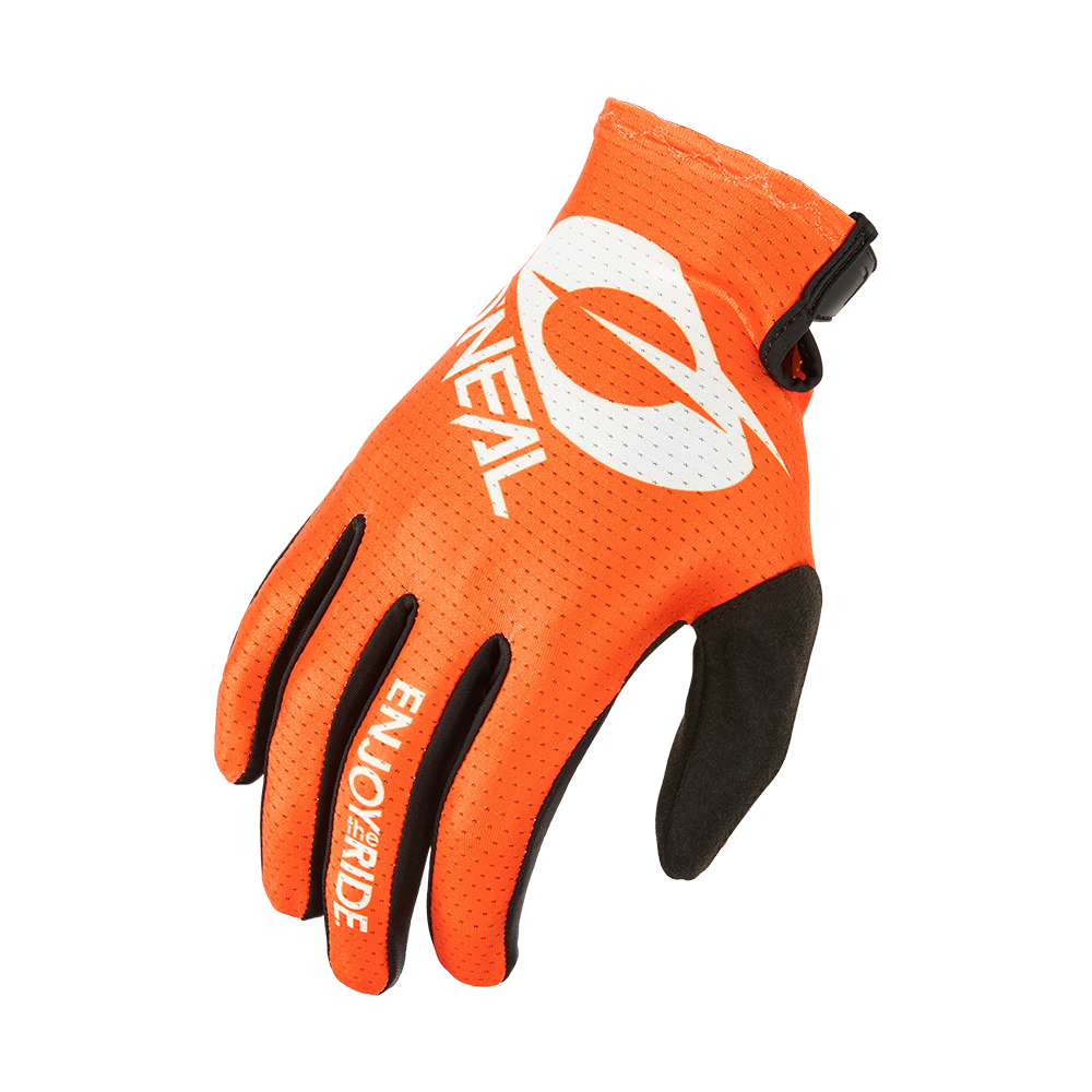 Der O'NEAL MATRIX Handschuh STACKED in Orange und Schwarz mit dem Schriftzug "O'NEAL" und "ENJOY THE RIDE" in Weiß ist aus atmungsaktivem, perforiertem Material gefertigt und verfügt über einen sicheren Verschluss am Handgelenk, der für Komfort auf jeder Fahrt sorgt.