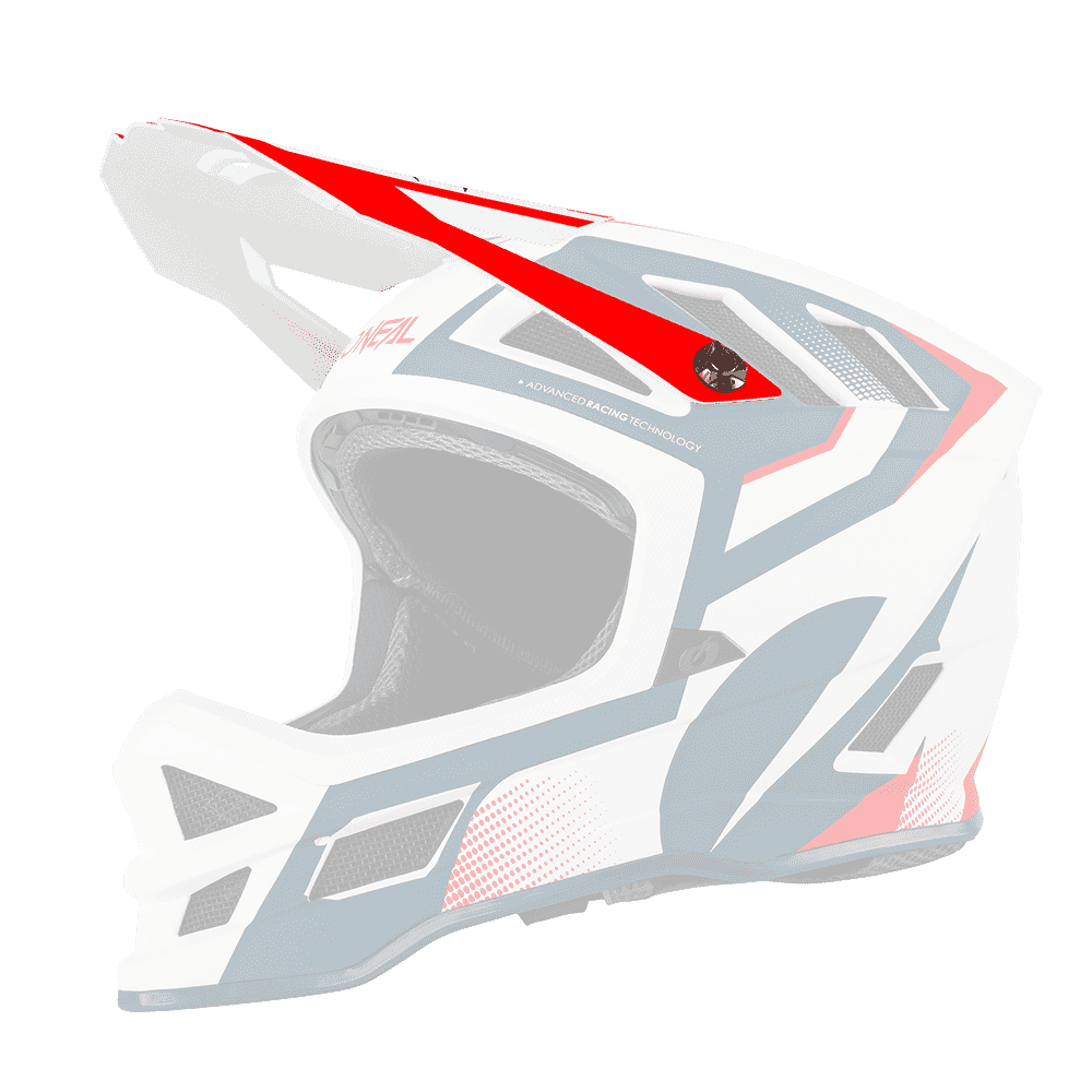 Der O'NEAL Visor BLADE Hyperlite Helm OXYD ist ein Vollvisier-Motocross-Helm in Weiß mit blauen und roten geometrischen Mustern sowie Belüftung an den Seiten und am Kinnschutz.