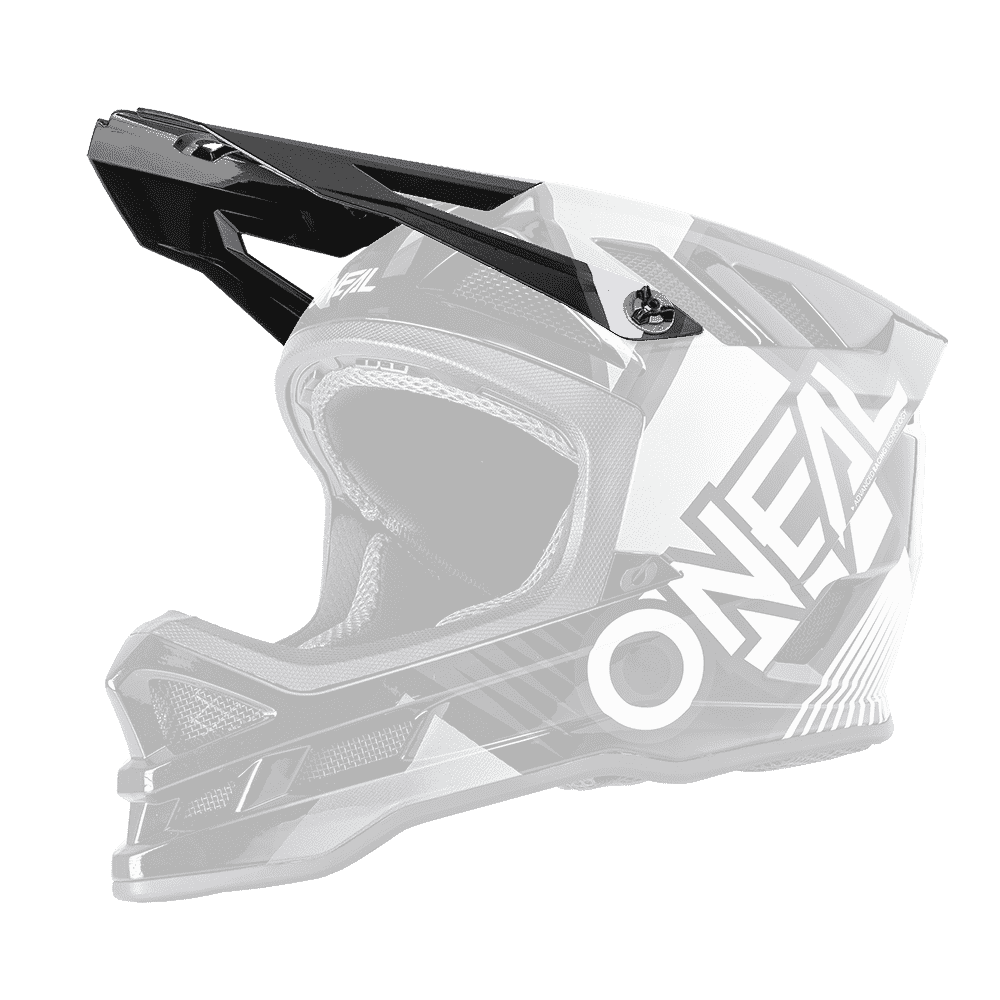Der O'NEAL Visor BLADE Polyacrylite Helmet DELTA ist ein schwarz-weißer Fullface-Motocross-Helm mit "O'NEAL"-Branding, kantigen Designelementen und einem markanten Visier.