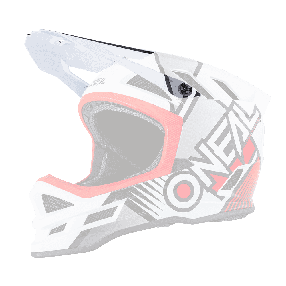 Der O'NEAL Visor BLADE Polyacrylite Helm DELTA zeichnet sich durch auffällige weiße, schwarze und rote Grafiken, ein Visier und den O'NEAL"-Schriftzug auf der Seite aus, der im Seitenprofil vor einem transparenten Hintergrund dargestellt ist.