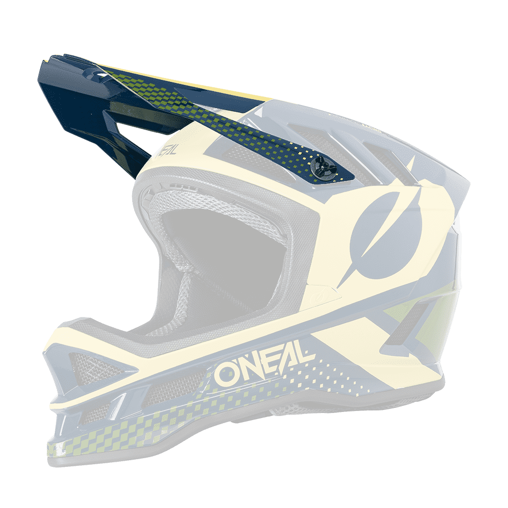 Der O'NEAL Visor BLADE Polyacrylite Helm ACE hat ein gelbes und dunkelblaues Vollgesichtsdesign mit geometrischen Mustern, Belüftungsöffnungen, einem großen Schutzvisier und dem O'NEAL-Logo an der Seite.