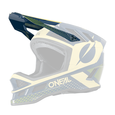 Der O'NEAL Visor BLADE Polyacrylite Helm ACE hat ein gelbes und dunkelblaues Vollgesichtsdesign mit geometrischen Mustern, Belüftungsöffnungen, einem großen Schutzvisier und dem O'NEAL-Logo an der Seite.