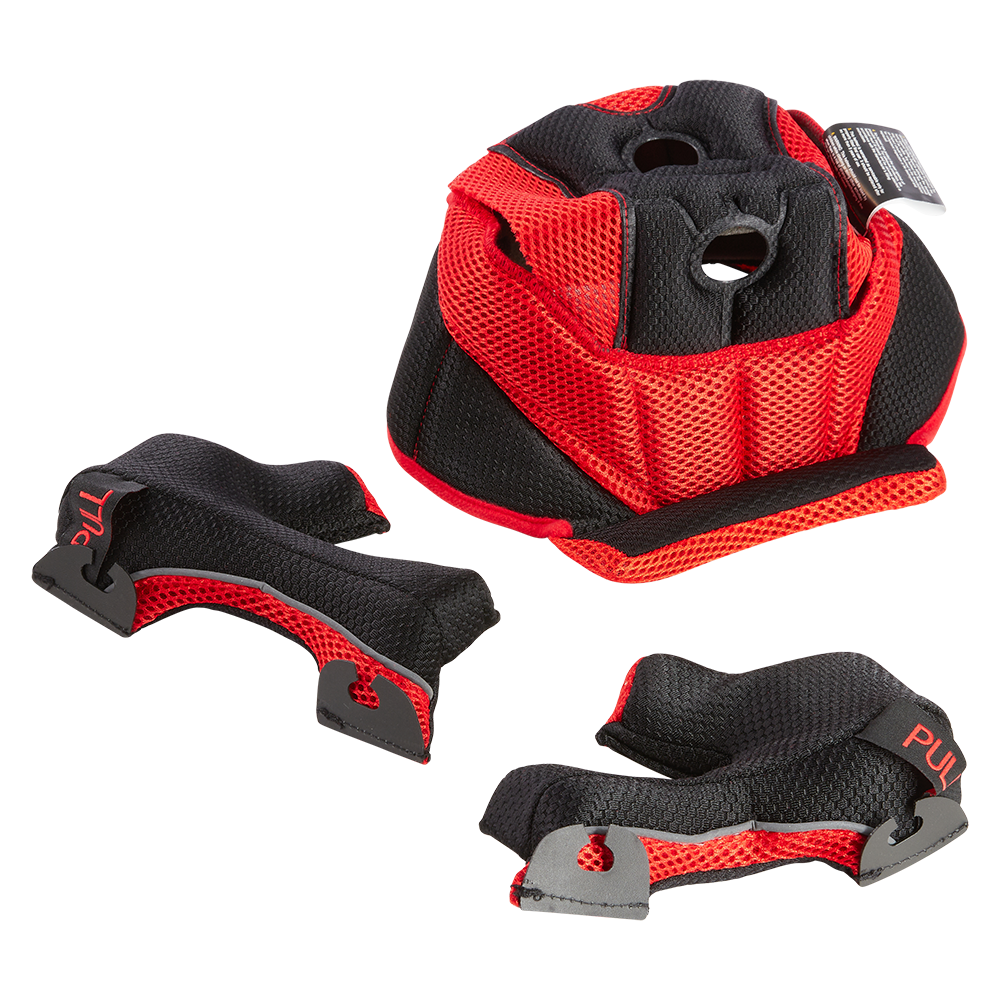 Der O'NEAL Liner & Cheek Pads BLADE Helm von O'NEAL verfügt über schwarze und rote gepolsterte Einsätze mit verstellbaren Riemen und Zuglaschen, die für verbesserten Komfort und Sitz während der Fahrt sorgen.