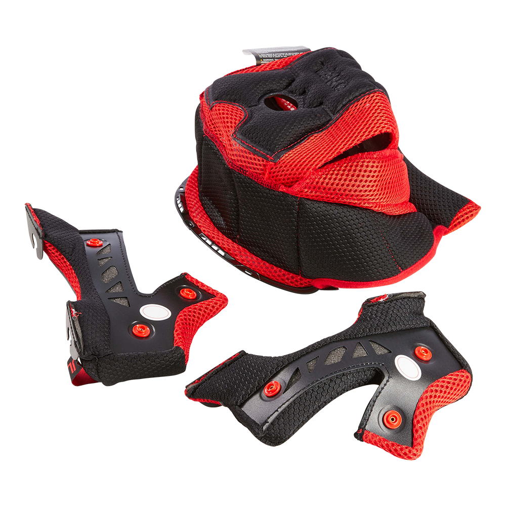 Der O'NEAL Liner & Cheek Pads BLADE Helm von O'NEAL, abgebildet auf weißem Hintergrund, verfügt über eine rot-schwarze Sportschutzausrüstung mit Netz- und Polstermaterialien sowie zwei Handgelenkschützern.