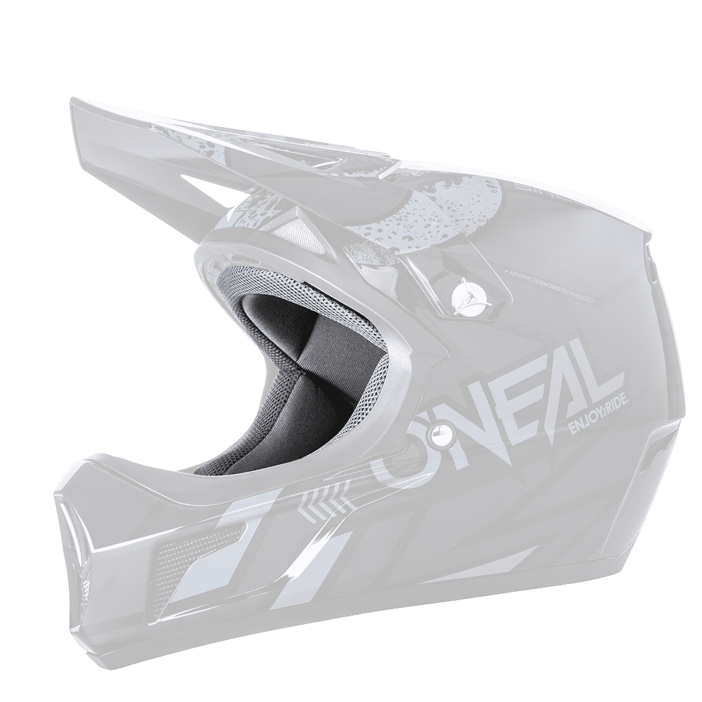 Der O'NEAL Liner & Cheek Pads SONUS Helm ist ein schwarz-grauer Fullface-Motocross-Helm mit kantigem Design, Belüftungspunkten und dem Schriftzug "O'NEAL" an der Seite.