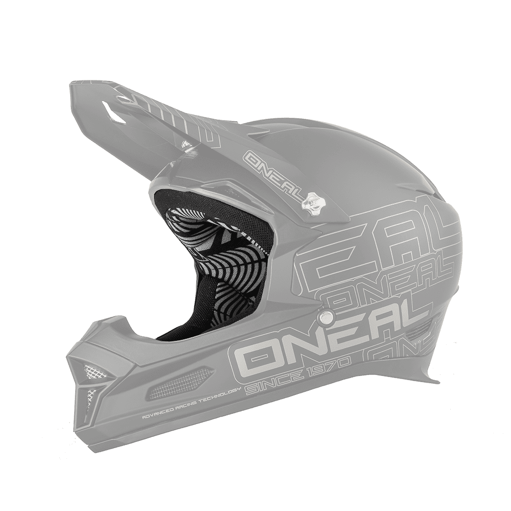 Der O'NEAL Liner & Cheek Pads FURY Helm ist ein schwarzer Fullface-Motocross-Helm mit Visier, auffälliger weißer "O'NEAL"-Grafik, modernem geometrischen Design und Belüftungsdetails für mehr Komfort.