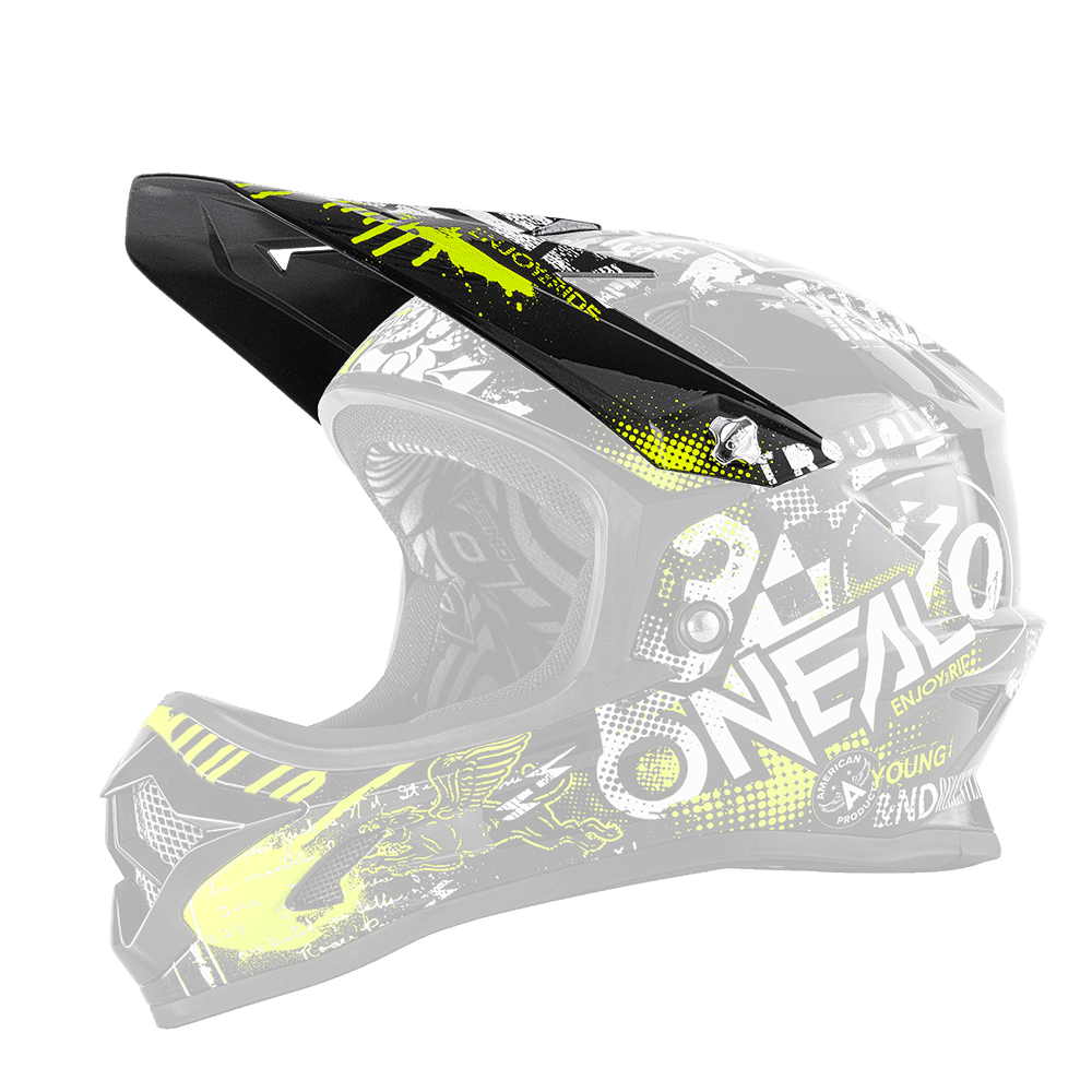 Der O'NEAL Visor BACKFLIP Helmet ATTACK ist ein schwarz-gelber Fullface-Motocross-Helm mit auffälliger "O'NEAL"-Grafik, einem geflügelten Kreaturendesign und einem stabilen Visier für zusätzlichen Schutz.