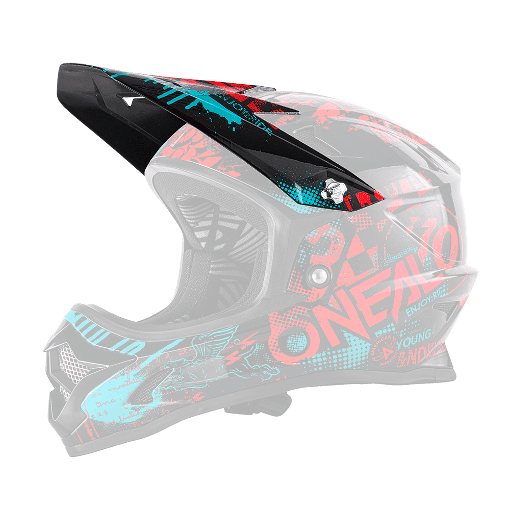 Der O'NEAL Visor BACKFLIP Helmet ATTACK ist ein schwarzer Fullface-Motocross-Helm mit roter und blaugrüner Grafik, einer robusten Konstruktion, einem Visier und dem "O'NEAL"-Logo an der Seite.