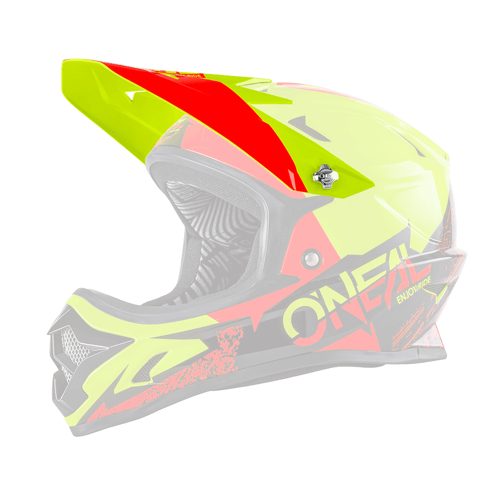 Der O'NEAL Visor BACKFLIP Helm BURNOUT ist ein neongelber, roter und schwarzer Motocross-Helm mit Visier, Kinnschutz und auffälligen Grafiken, die von der Seite auf einem transparenten Hintergrund gezeigt werden.