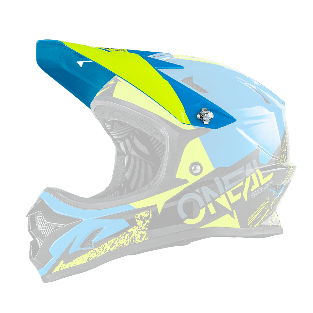 Der O'NEAL Visor BACKFLIP Helmet BURNOUT ist ein blau-gelb-schwarzer Fullface-Motocross-Helm mit dynamischen Grafikmustern, einer schützenden Innenpolsterung, einem Visier und einem auffälligen "O'NEAL"-Branding an der Seite.