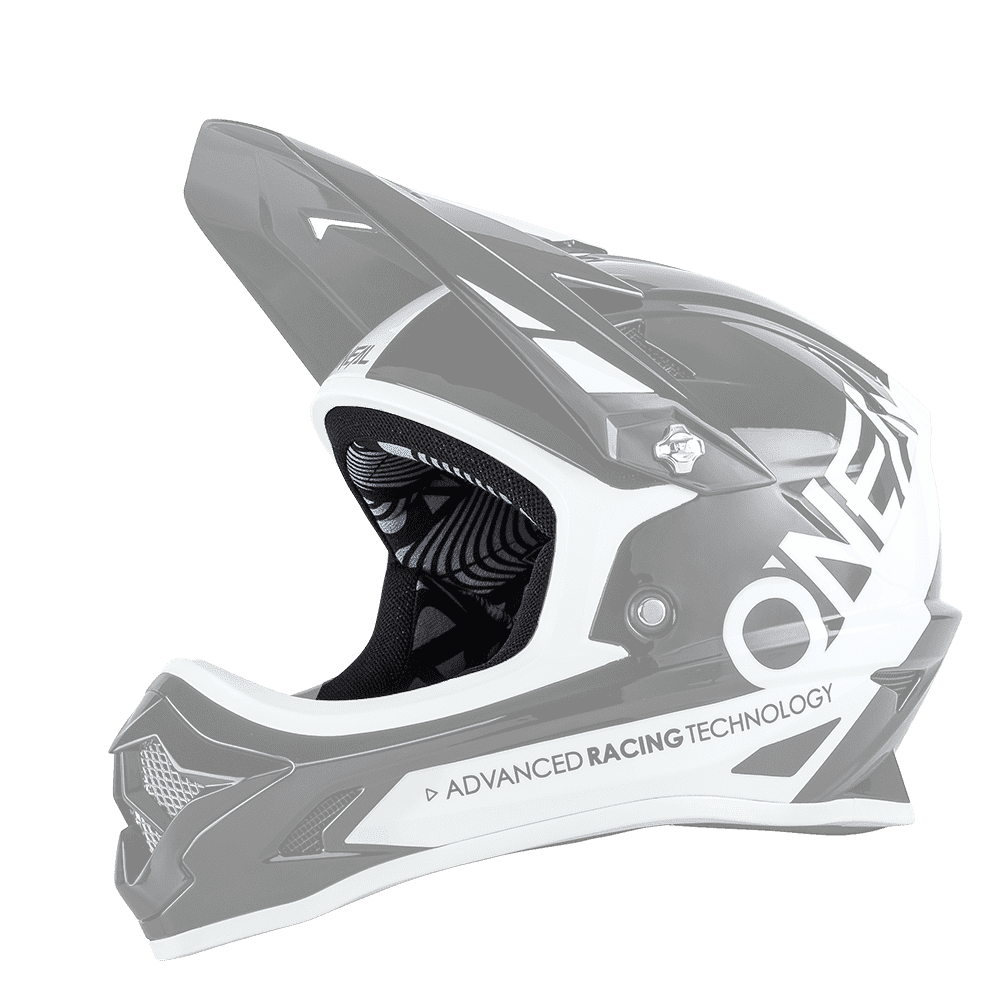 Der O'NEAL Liner & Cheek Pads BACKFLIP Helm ist ein schwarz-weißer Fullface-Motocross-Helm mit Visier, Belüftungsöffnungen und dem Aufdruck "O'NEAL" sowie "ADVANCED RACING TECHNOLOGY" an der Seite.