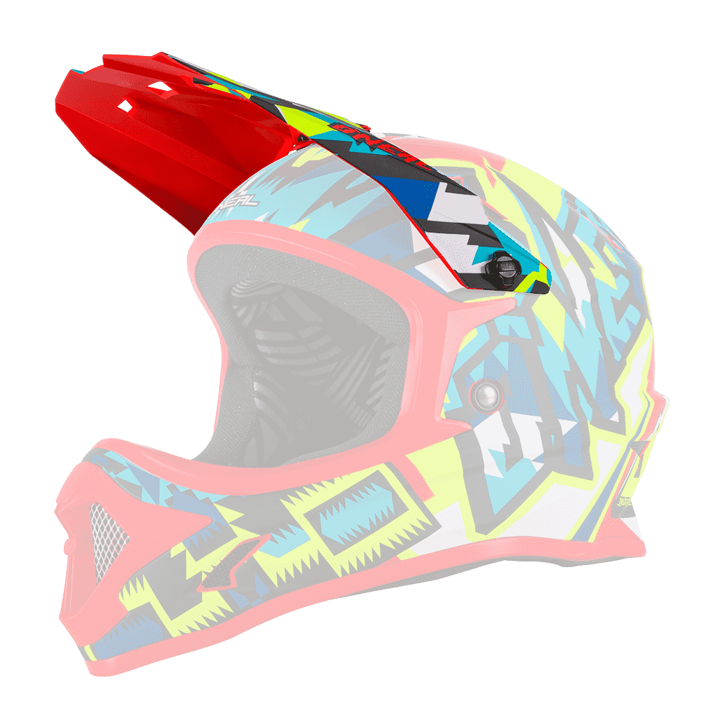 Der O'NEAL Visor BACKFLIP Helm MUERTA von O'NEAL zeichnet sich durch ein lebhaftes geometrisches Muster in Blau, Gelb, Weiß und Rot mit einem hervorstehenden Visier und Kinnschutz vor einem einfarbigen Hintergrund aus.
