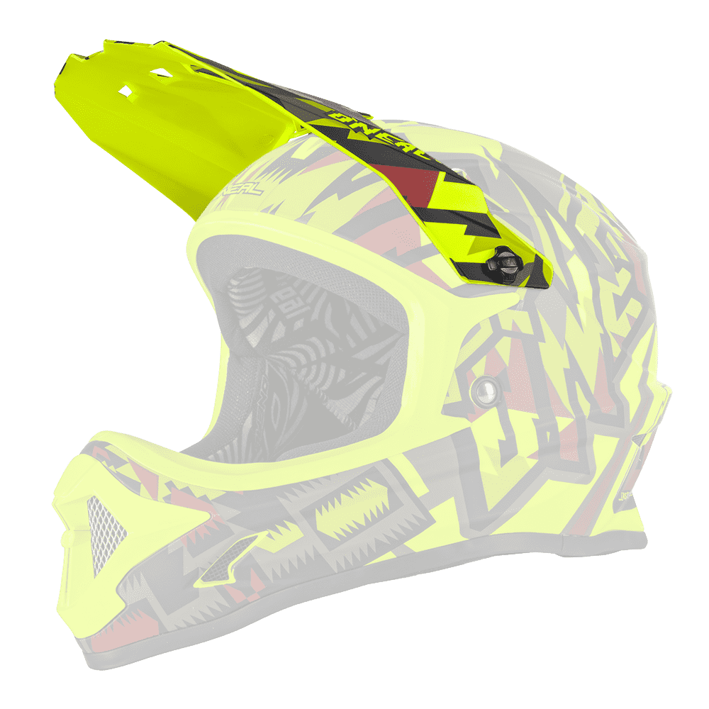 Der O'NEAL Visor BACKFLIP Helm MUERTA hat eine gelbe Basis mit auffƤlligen schwarzen, roten und grauen geometrischen Mustern in einer Seitenansicht auf transparentem Hintergrund.