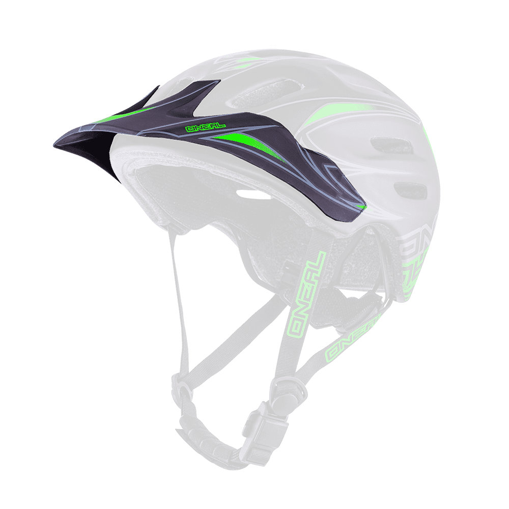 Der O'NEAL Visor DEFENDER Helmet TRIBAL ist ein schwarz-grüner Mountainbike-Helm mit verstellbarem Kinnriemen, Frontvisier und Belüftungsöffnungen.