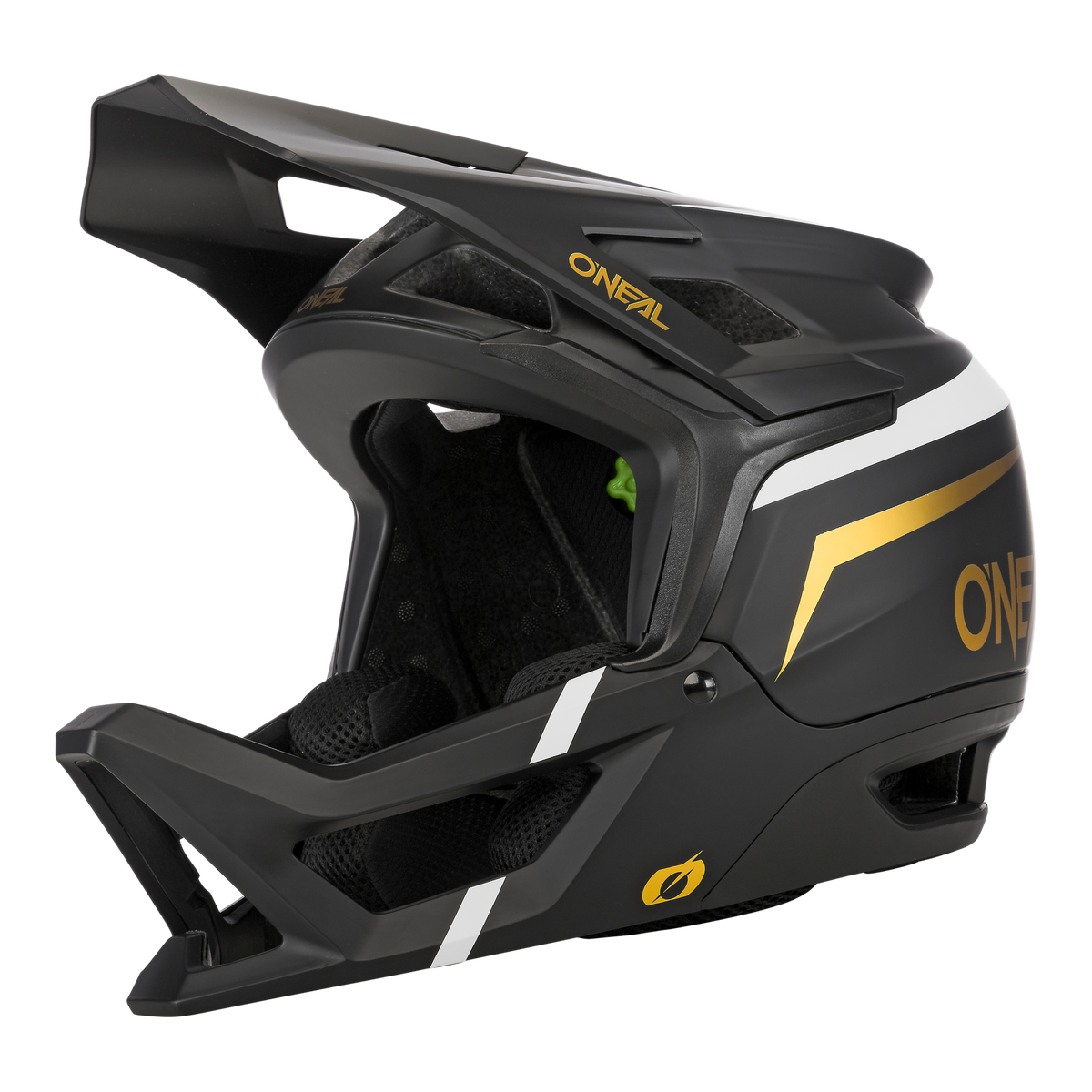 Der O'NEAL TRANSITION Helm FLASH ist ein schwarzer Fullface-Mountainbike-Helm mit weißen und goldenen Akzenten, einem großen Visier, einem auffälligen O'NEAL-Logo und einer hervorragenden Belüftung für optimalen Schutz.