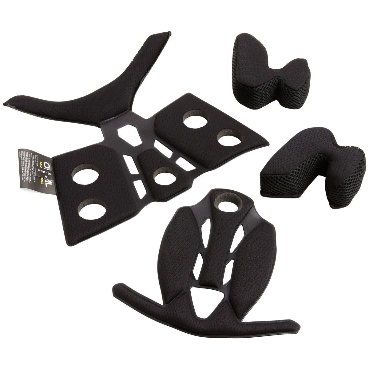 O'NEAL Liner & Cheek Pads TRANSITION Helm von O'NEAL, abgebildet in Schwarz mit gepolstertem Schaumstoff, Belüftungslöchern und netzartiger Textur, getrennt auf weißem Hintergrund dargestellt.