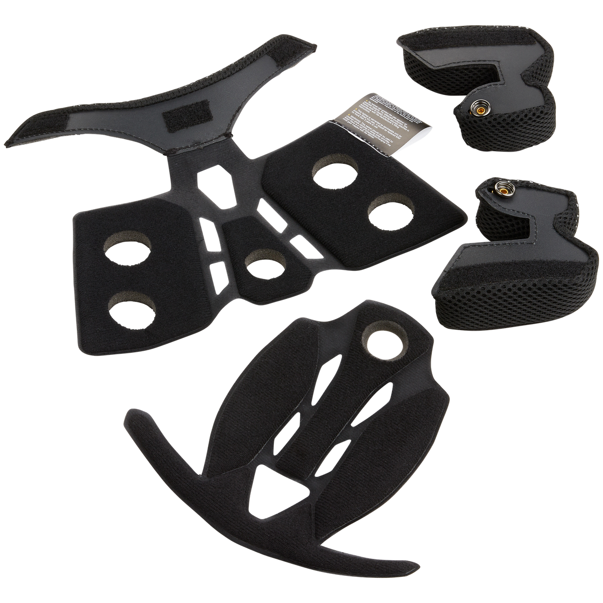 Das O'NEAL Liner & Cheek Pads TRANSITION Helmset besteht aus schwarzen Schaumstoffpolstern mit Belüftungslöchern, Netzeinsätzen, Klett- oder Druckknopfverschlüssen und einem Anleitungsschild. Auf weißem Hintergrund abgebildet. Marke: O'NEAL.