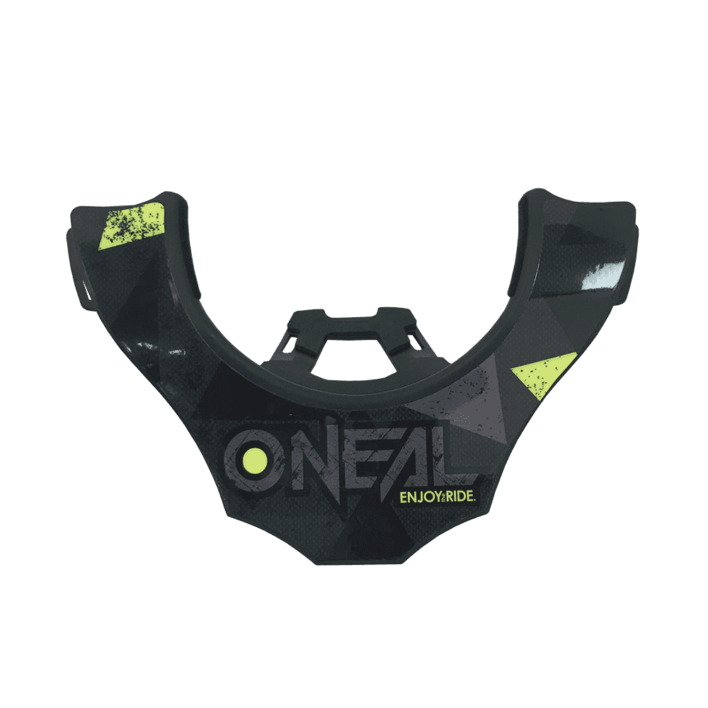Das O'NEAL Back Part TRON Neckbrace zeigt ein schwarz-gelbes geometrisches Design mit dem Schriftzug "O'NEAL ENJOY RIDE" auf der Vorderseite, ideal für Motocross oder Radsport, dargestellt auf einem transparenten Hintergrund.