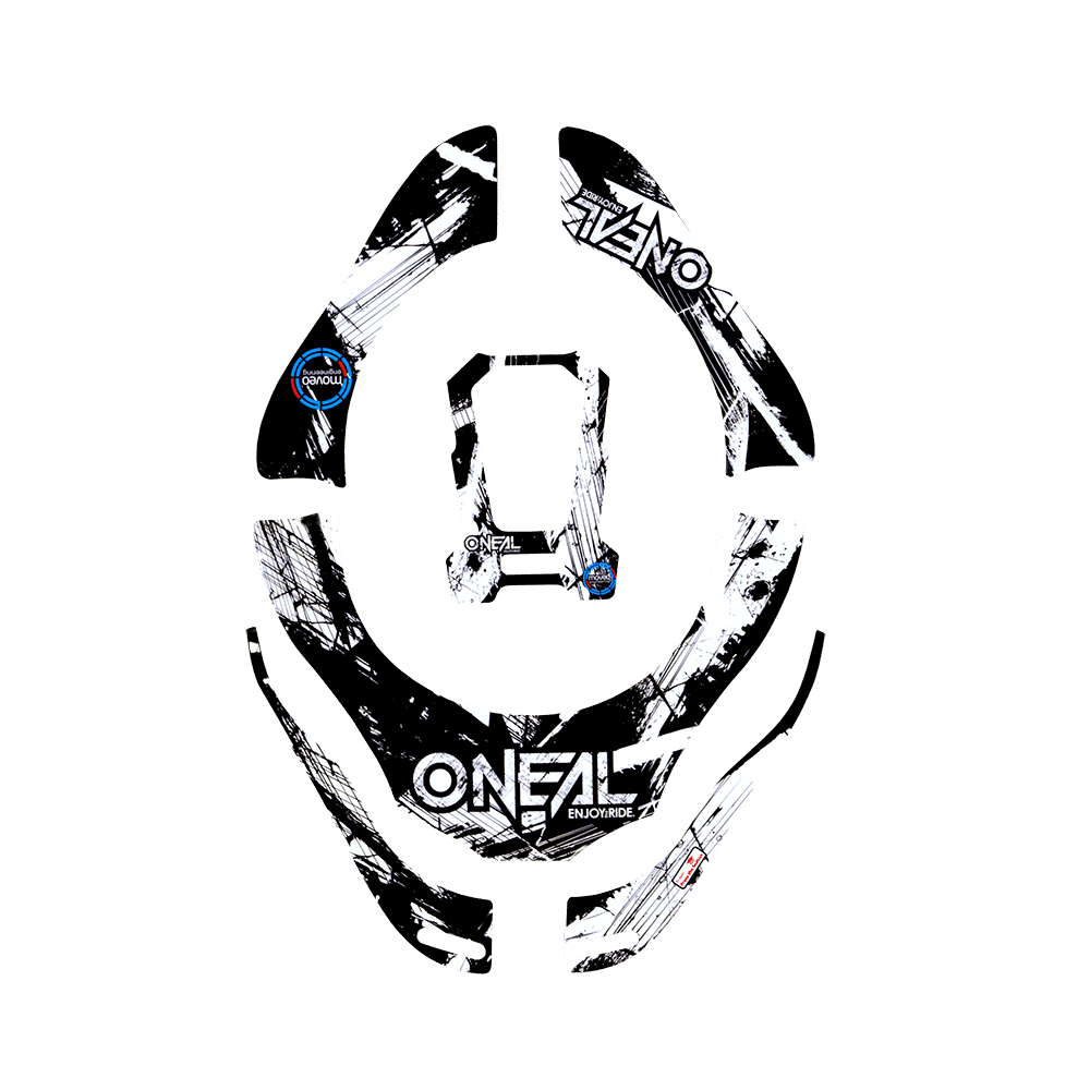 Das O'NEAL TRON Design Sticker Set SHOCKER zeigt schwarze und weiße Grunge-Muster, den Schriftzug "ONEAL" und verschiedene Formen auf einem transparenten Hintergrund.