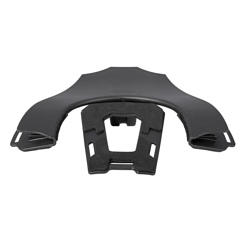 Das O'NEAL Back Fram TRON Neckbrace von O'NEAL ist ein schwarzes, gewölbtes Kunststoff-Accessoire mit einer offenen Mitte und mehreren Schlitzen, die von oben auf weißem Hintergrund dargestellt sind.