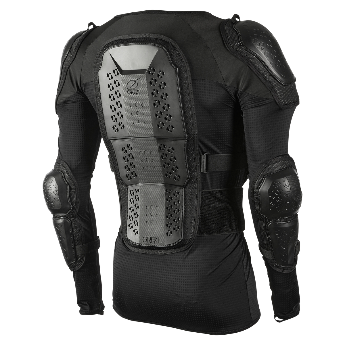 Eine Person trägt eine schwarze O'NEAL UNDERDOG Protektor Jacke mit verstärktem Rücken-, Schulter-, Ellbogen- und Unterarmschutz - ideal für Sportarten mit hoher Belastung oder zum Schutz beim Motorradfahren.