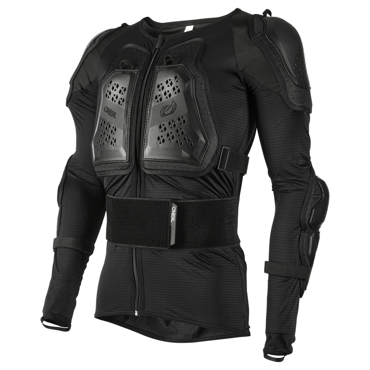 Die O'NEAL UNDERDOG Protektor Jacke von O'NEAL ist eine schwarze Vollschutzjacke mit Hartplastikpaneelen im Brust-, Schulter- und Ellbogenbereich, sichtbaren Reißverschlüssen und verstellbaren Trägern - perfekt für ernsthaften Motorradschutz bei jeder Fahrt.