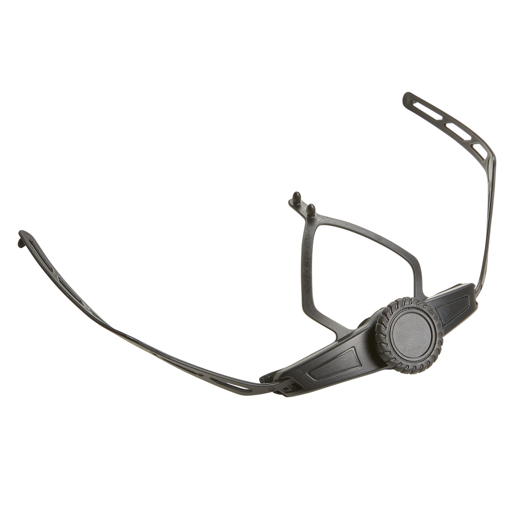 Der O'NEAL Retention System DIRT LID Helm von O'NEAL verfügt über ein schwarzes, verstellbares Kunststoff-Kopfband mit einem kreisförmigen Einstellrad an der Vorderseite für eine sichere Befestigung des Helms oder der Kopfbedeckung.
