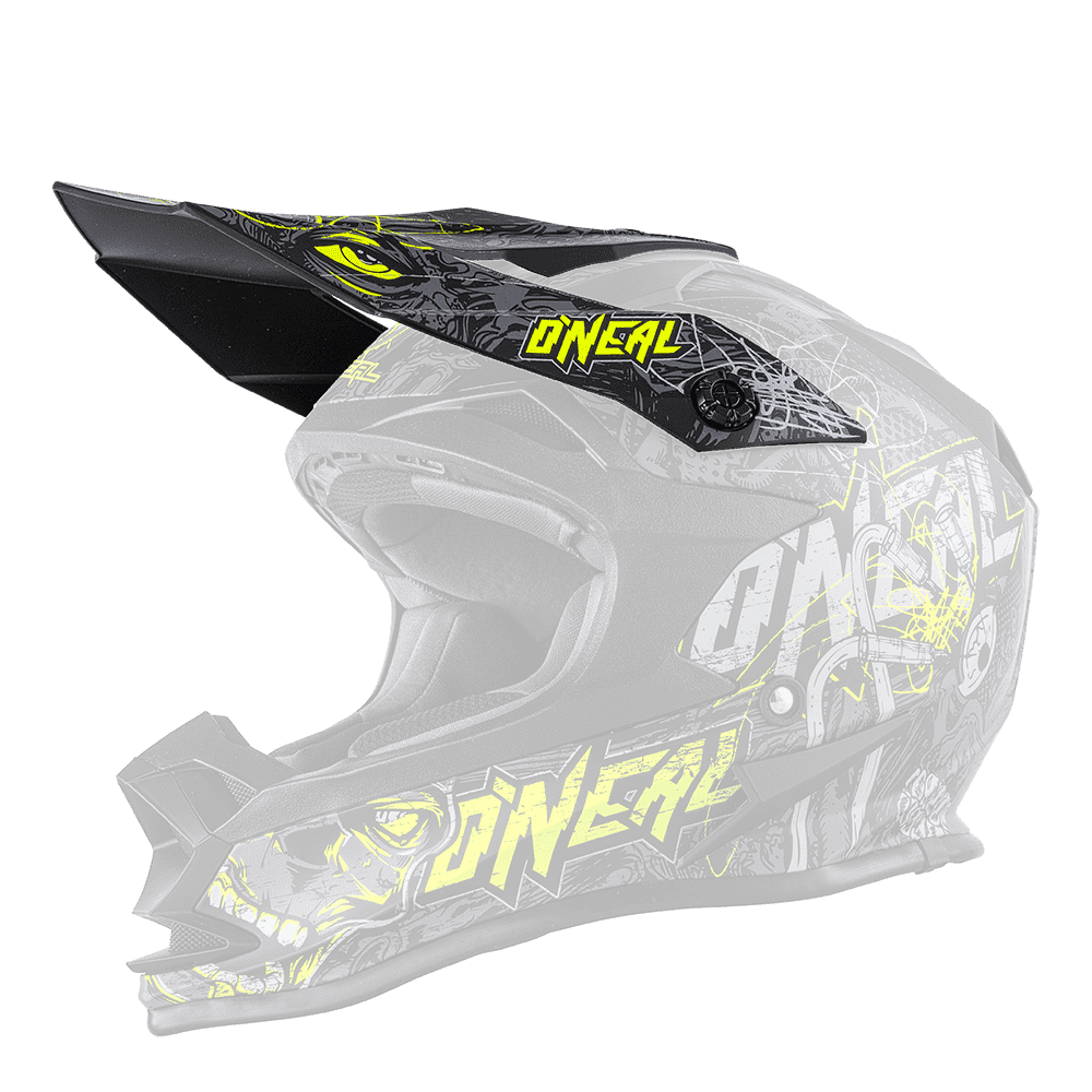 Der O'NEAL Visor 7SRS Helmet MENACE ist ein schwarzer Motocross-Helm mit leuchtend gelben Grafiken, auffälligen Schriftzügen, kantigen Belüftungsöffnungen und einem markanten Visier - ein aggressives, modernes Design, ideal für Offroad-Fahrer.