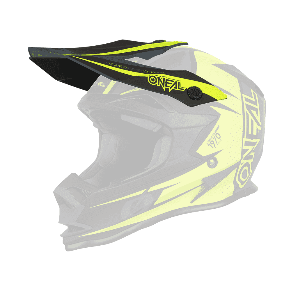 Der O'NEAL Visor 7SRS Helmet STRAIN ist ein Fullface-Motocross-Helm in Schwarz und Neongelb mit auffälligen Grafiken, einem Visier, kantigen Designelementen und dem O'NEAL-Branding, hier in der Seitenansicht.
