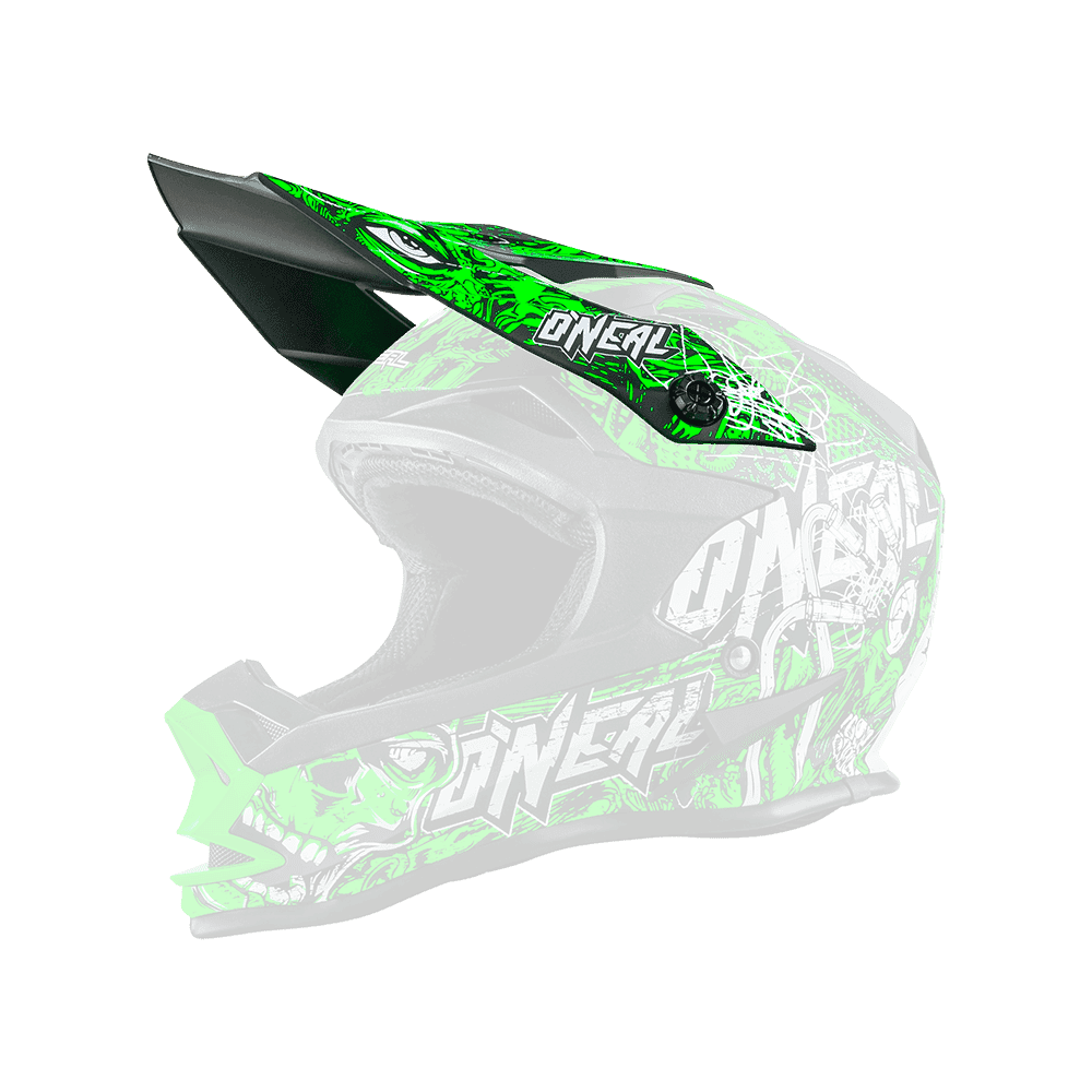 Der O'NEAL Visor 7SRS Helm MENACE zeichnet sich durch eine auffällige grün-schwarz-weiße Grafik mit "O'NEAL" an der Seite, ein großes Visier und einen offenen Kinnbereich aus.