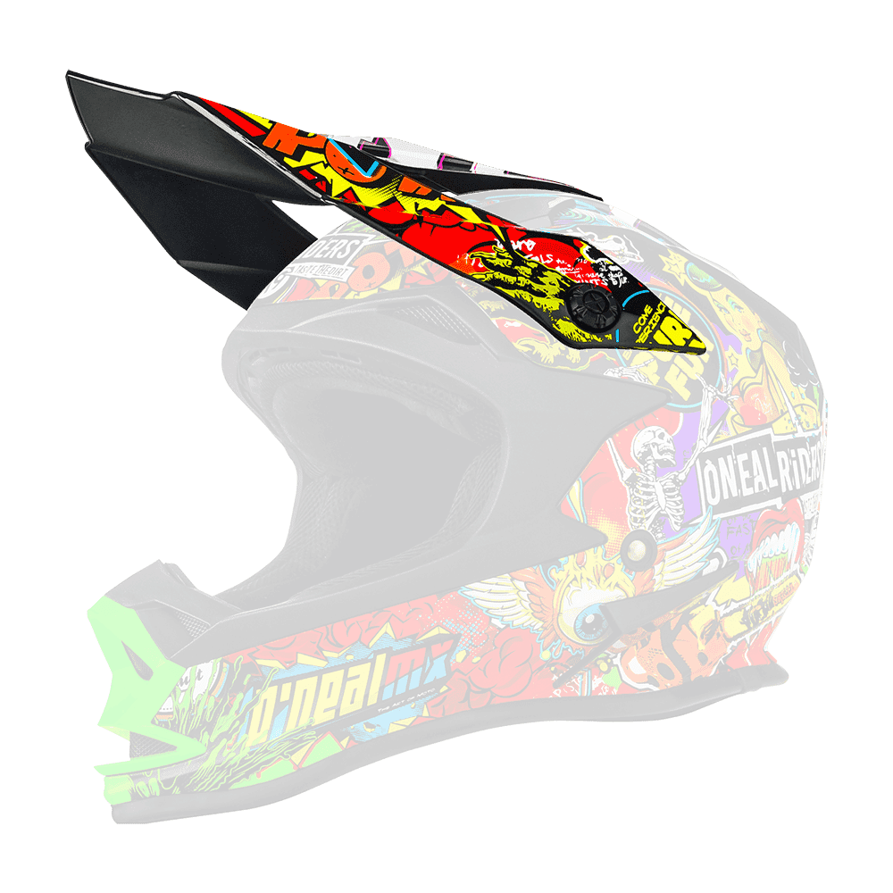 Der O'NEAL Visor 7SRS Helmet CRANK ist ein schwarzer Motocross-Helm mit lebendigen Grafiken im Comic-Stil, auffälligen Mustern und blau/gelben O'NEAL-Logos. Neongrüne Highlights akzentuieren das Visier und den Kinnschutz.