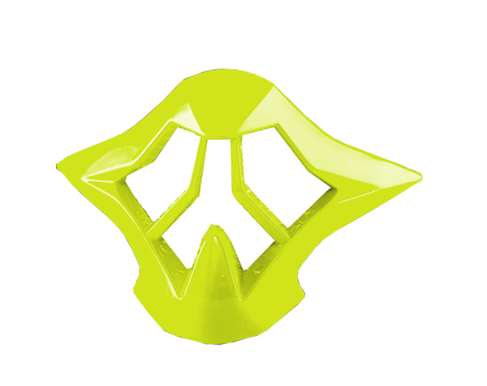 Der O'NEAL Moutpiece 3SRS Helm von O'NEAL zeichnet sich durch ein leuchtend gelbes, abstraktes, geometrisches Design mit kantigen Kanten und offenen Bereichen aus, das an eine futuristische Maske erinnert und vor einem transparenten Hintergrund steht.